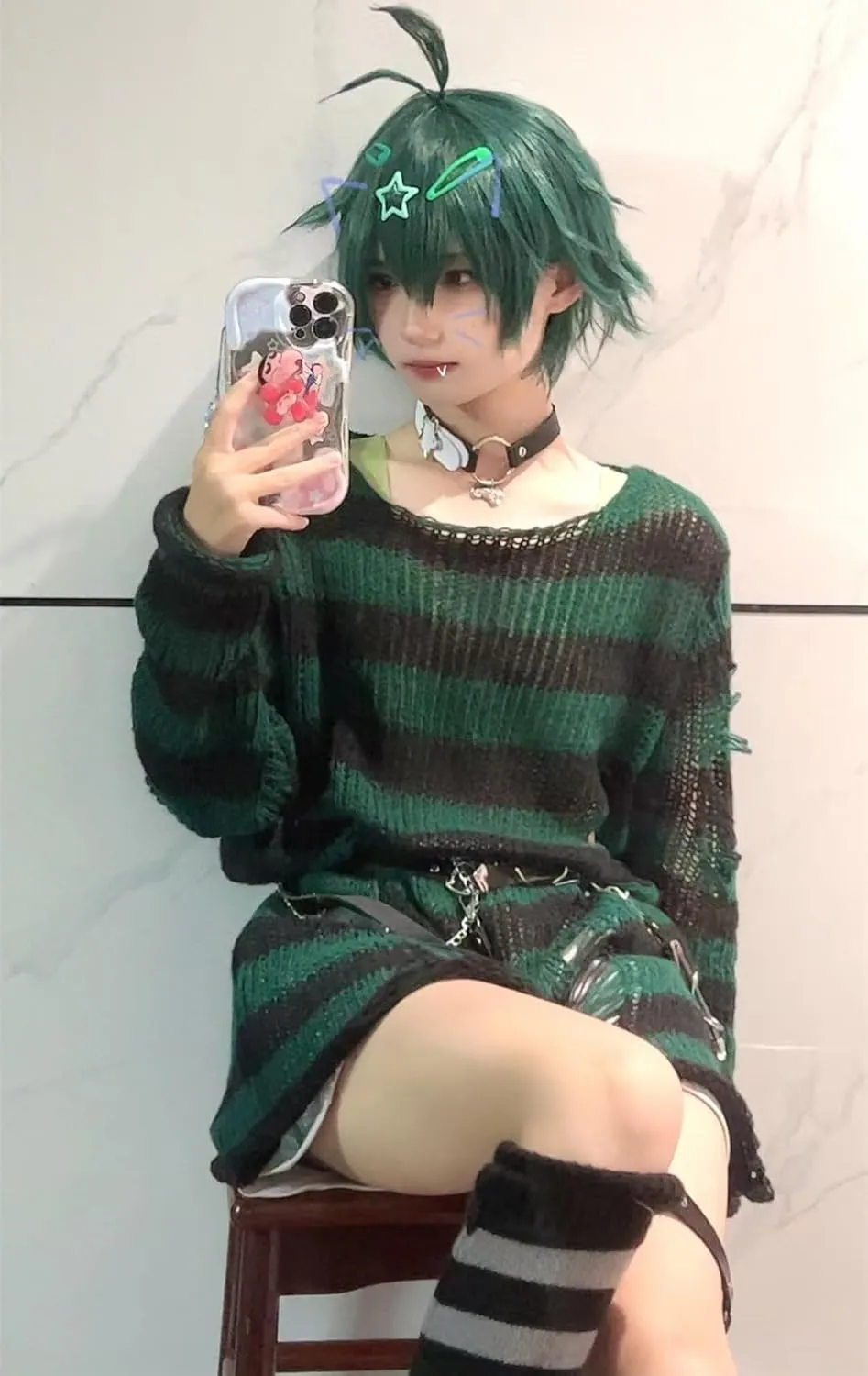 Goth Y2K Striped Sweater Ripped Punk Gothic Sweaters for Women Harajuku Aesthetic Halloween Pullover Tops