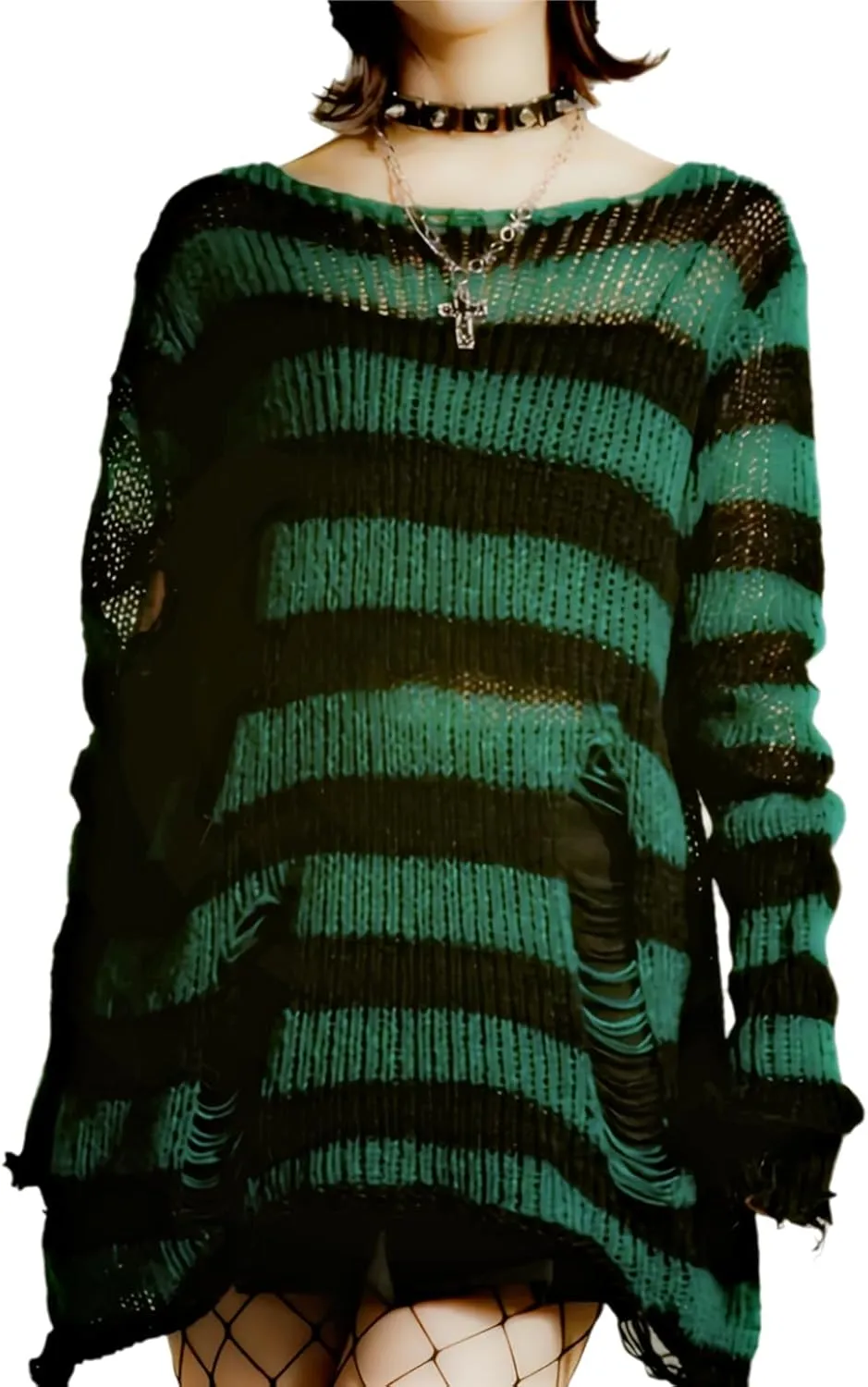 Goth Y2K Striped Sweater Ripped Punk Gothic Sweaters for Women Harajuku Aesthetic Halloween Pullover Tops