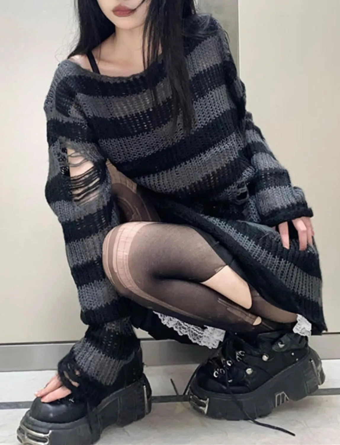 Goth Y2K Striped Sweater Ripped Punk Gothic Sweaters for Women Harajuku Aesthetic Halloween Pullover Tops