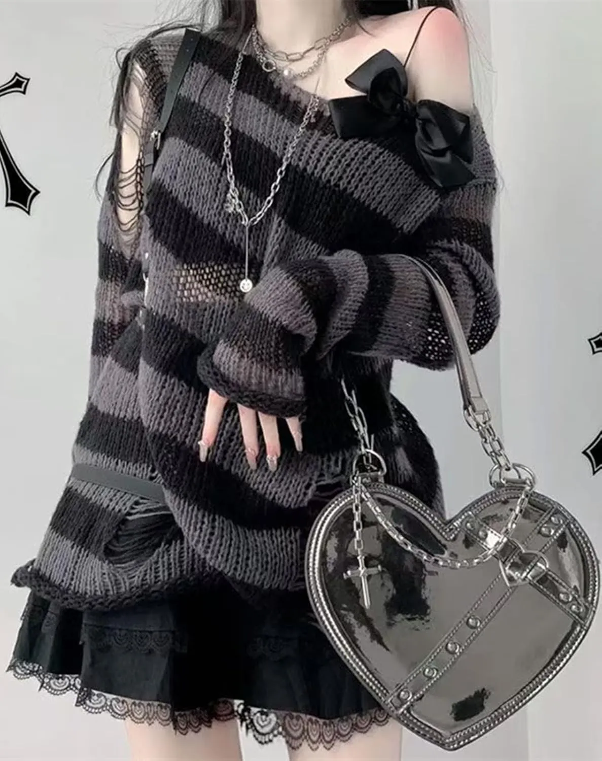 Goth Y2K Striped Sweater Ripped Punk Gothic Sweaters for Women Harajuku Aesthetic Halloween Pullover Tops