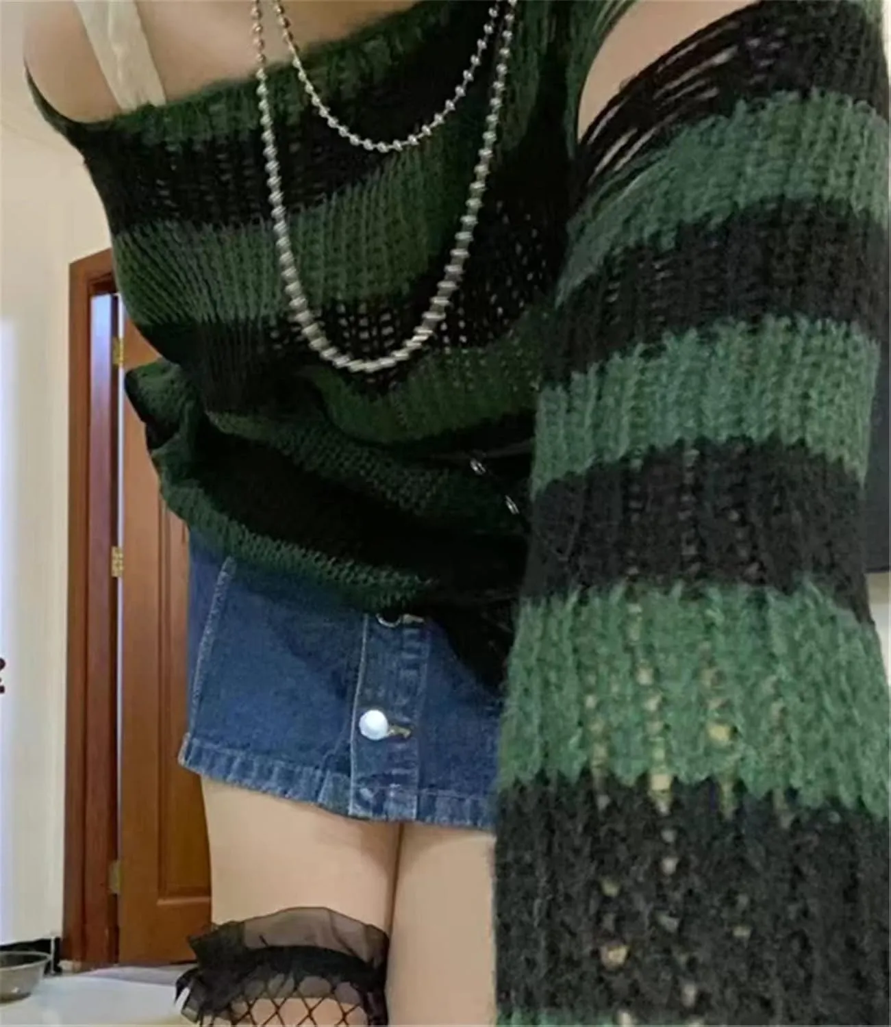 Goth Y2K Striped Sweater Ripped Punk Gothic Sweaters for Women Harajuku Aesthetic Halloween Pullover Tops