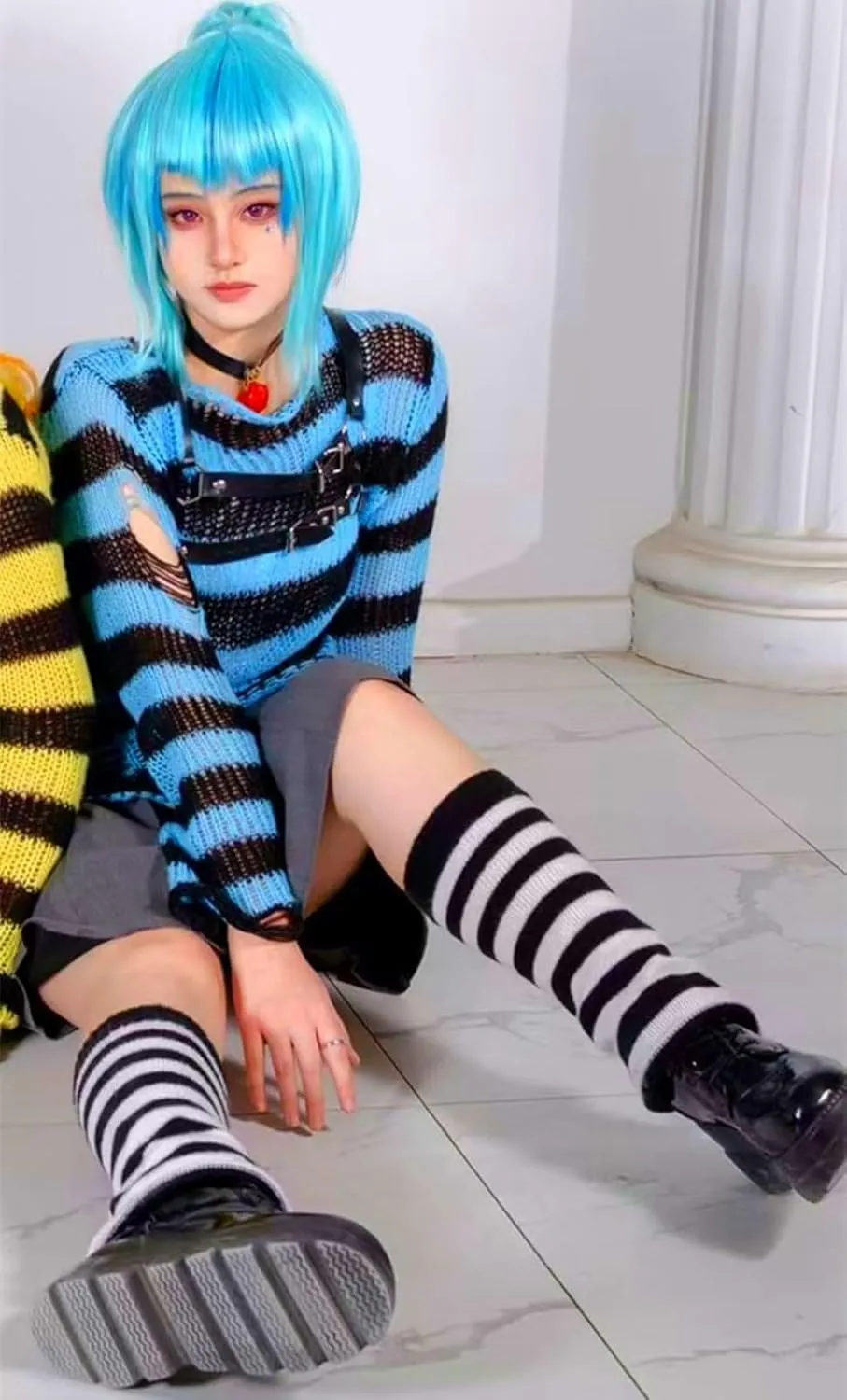 Goth Y2K Striped Sweater Ripped Punk Gothic Sweaters for Women Harajuku Aesthetic Halloween Pullover Tops