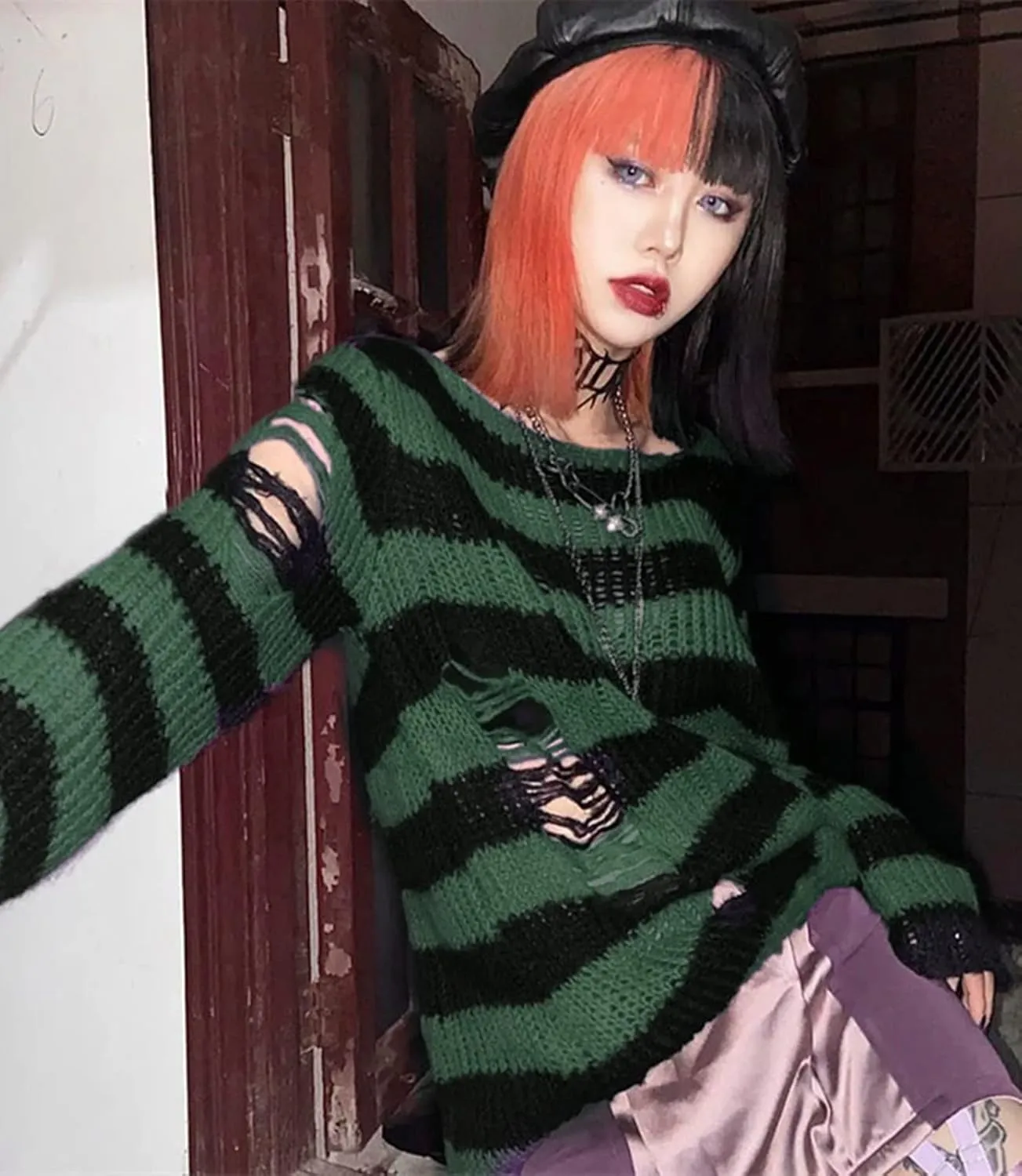 Goth Y2K Striped Sweater Ripped Punk Gothic Sweaters for Women Harajuku Aesthetic Halloween Pullover Tops