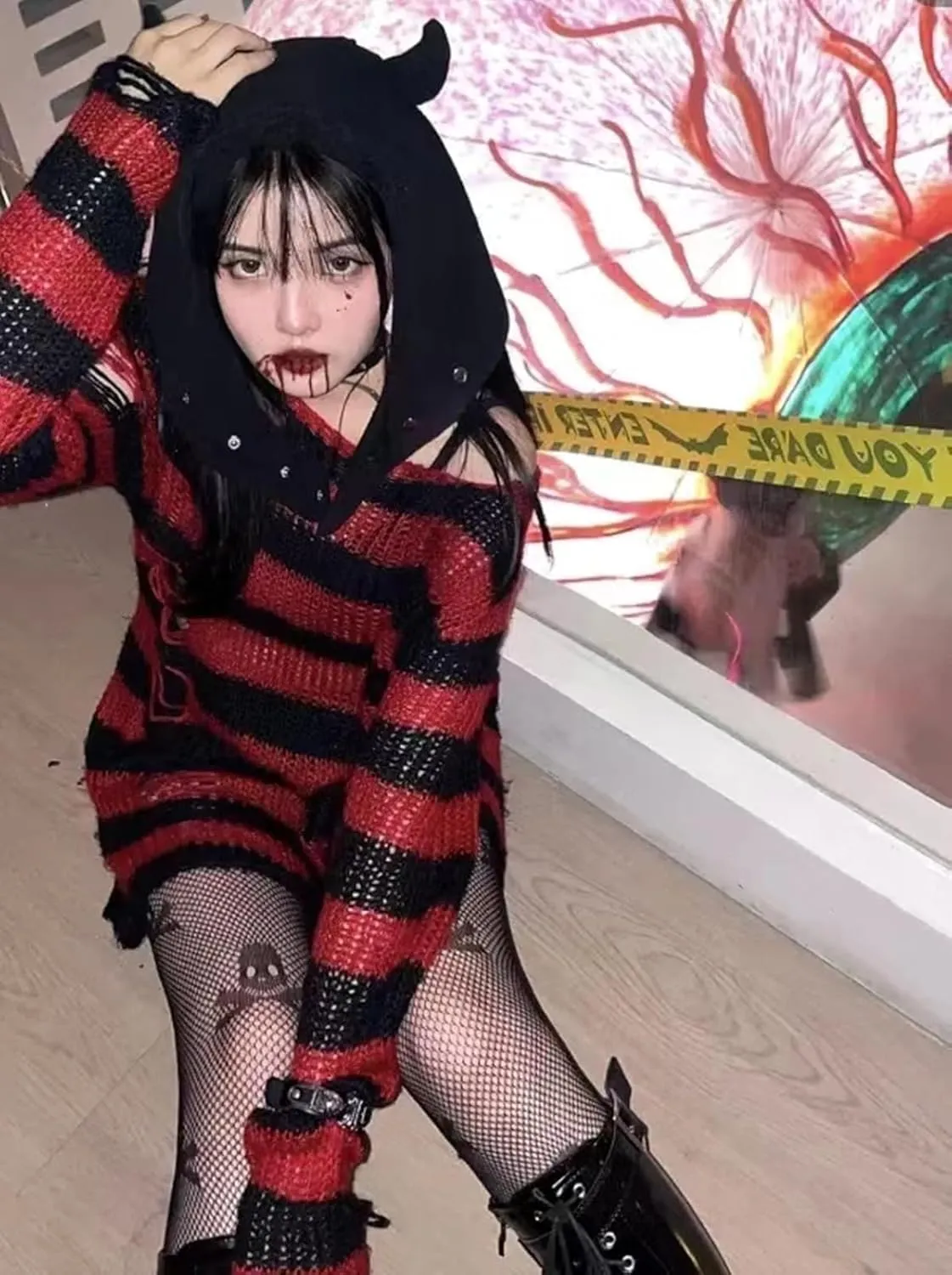Goth Y2K Striped Sweater Ripped Punk Gothic Sweaters for Women Harajuku Aesthetic Halloween Pullover Tops
