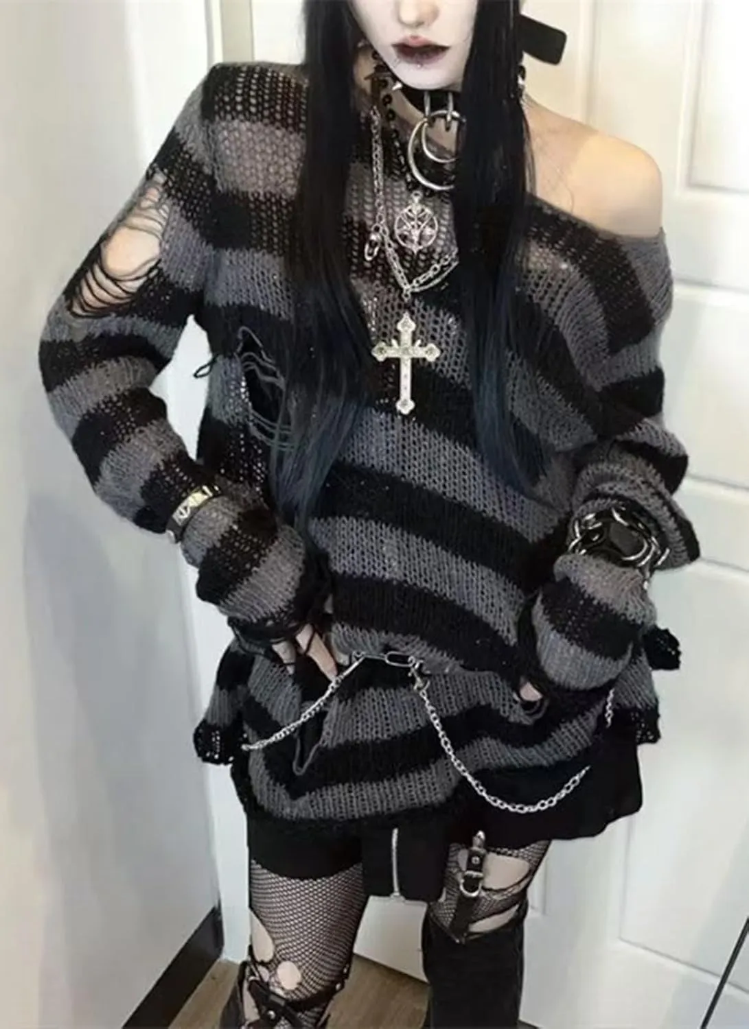 Goth Y2K Striped Sweater Ripped Punk Gothic Sweaters for Women Harajuku Aesthetic Halloween Pullover Tops