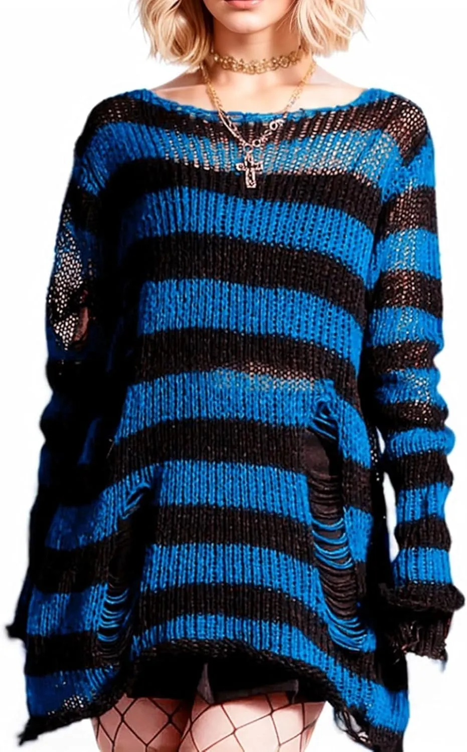 Goth Y2K Striped Sweater Ripped Punk Gothic Sweaters for Women Harajuku Aesthetic Halloween Pullover Tops