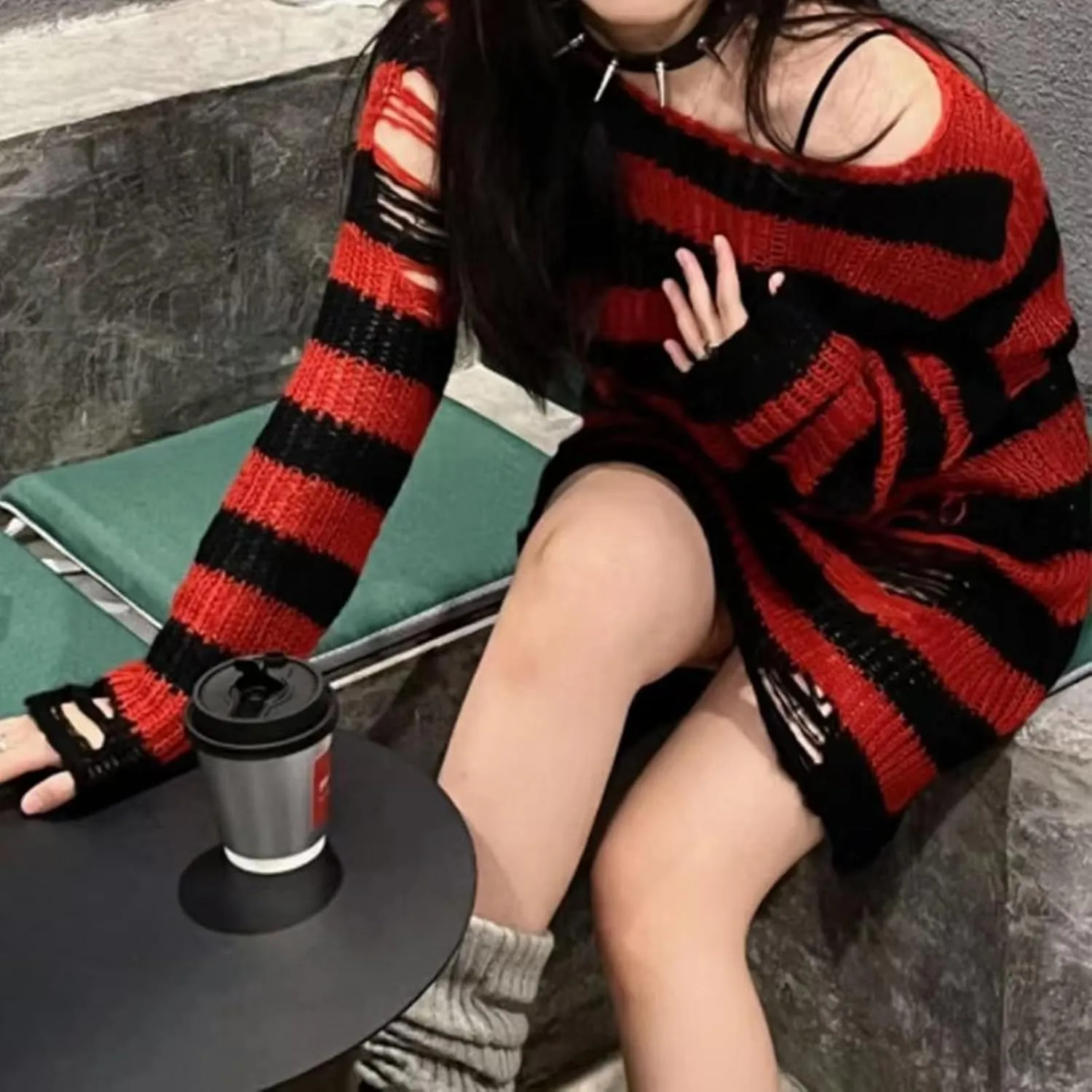 Goth Y2K Striped Sweater Ripped Punk Gothic Sweaters for Women Harajuku Aesthetic Halloween Pullover Tops