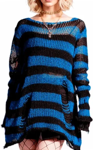 Goth Y2K Striped Sweater Ripped Punk Gothic Sweaters for Women Harajuku Aesthetic Halloween Pullover Tops
