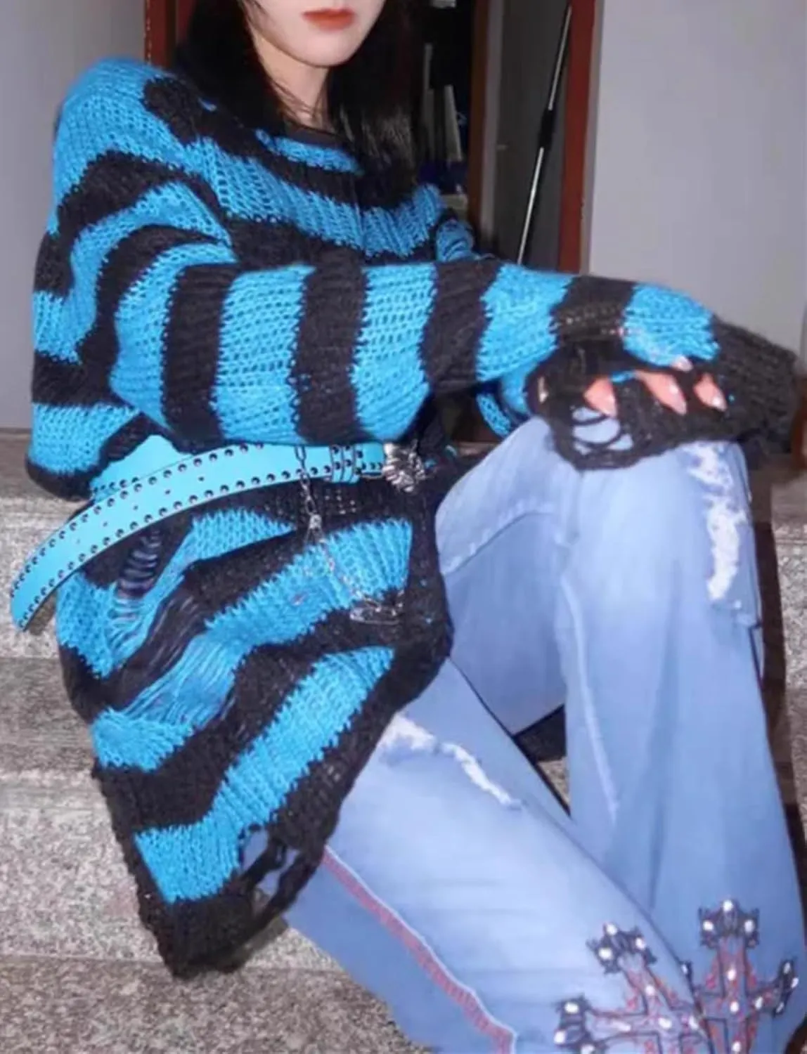 Goth Y2K Striped Sweater Ripped Punk Gothic Sweaters for Women Harajuku Aesthetic Halloween Pullover Tops