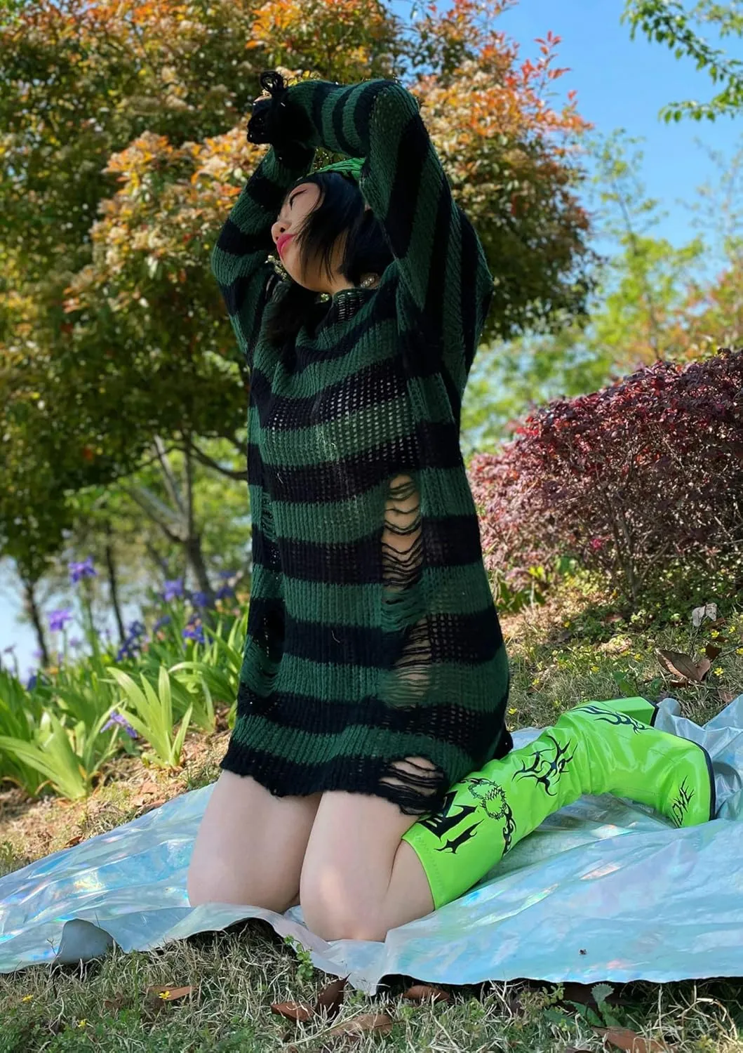 Goth Y2K Striped Sweater Ripped Punk Gothic Sweaters for Women Harajuku Aesthetic Halloween Pullover Tops