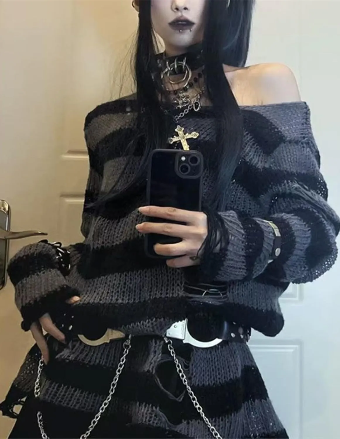 Goth Y2K Striped Sweater Ripped Punk Gothic Sweaters for Women Harajuku Aesthetic Halloween Pullover Tops