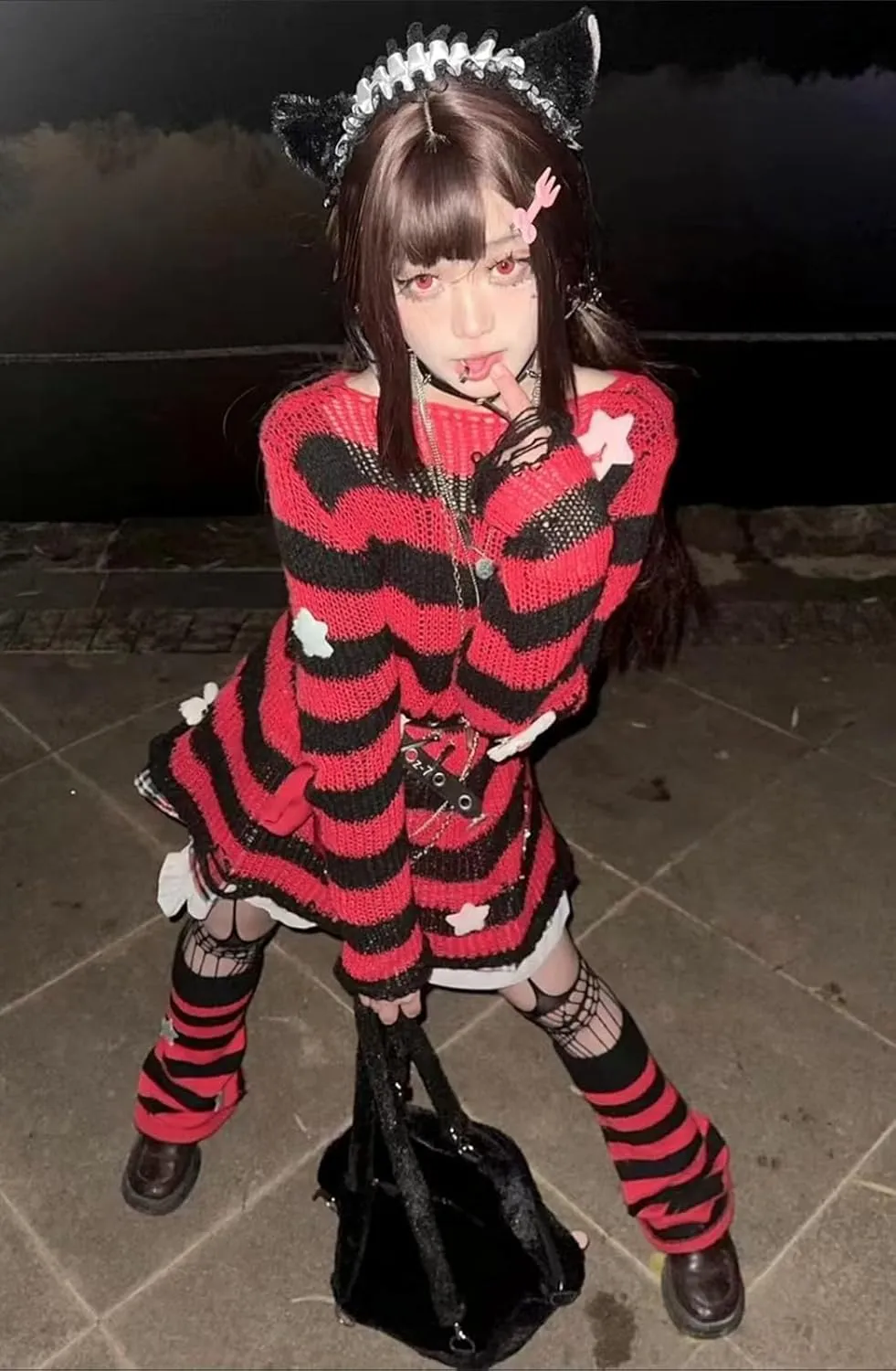 Goth Y2K Striped Sweater Ripped Punk Gothic Sweaters for Women Harajuku Aesthetic Halloween Pullover Tops