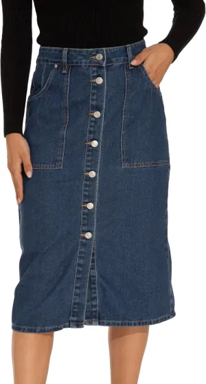 GUANYY Women's Vintage Long Denim A-Line Skirt with High Waist and Button Front