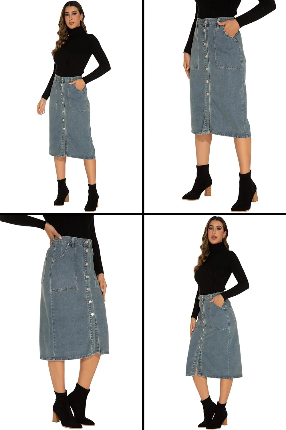 GUANYY Women's Vintage Long Denim A-Line Skirt with High Waist and Button Front