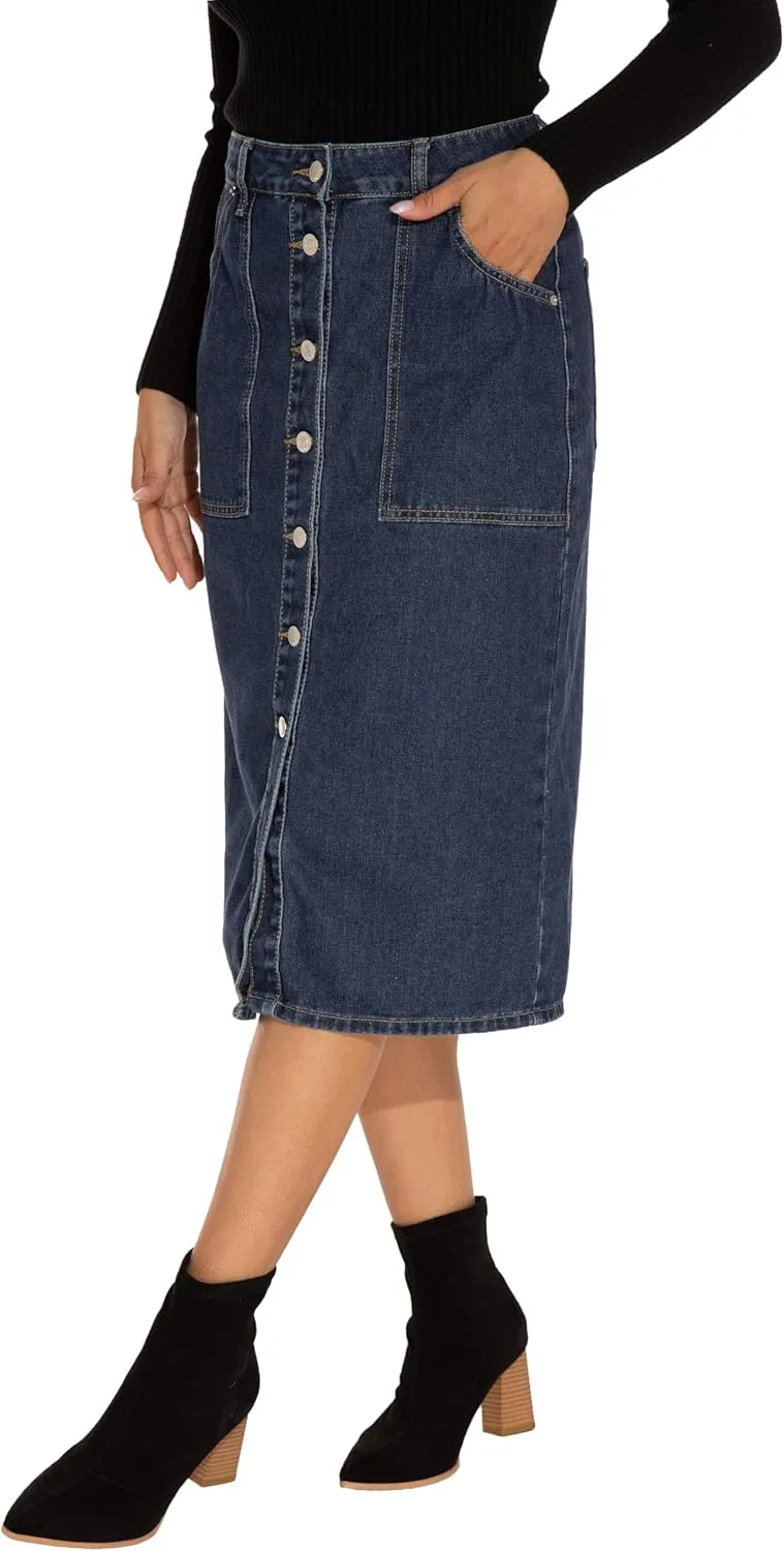 GUANYY Women's Vintage Long Denim A-Line Skirt with High Waist and Button Front
