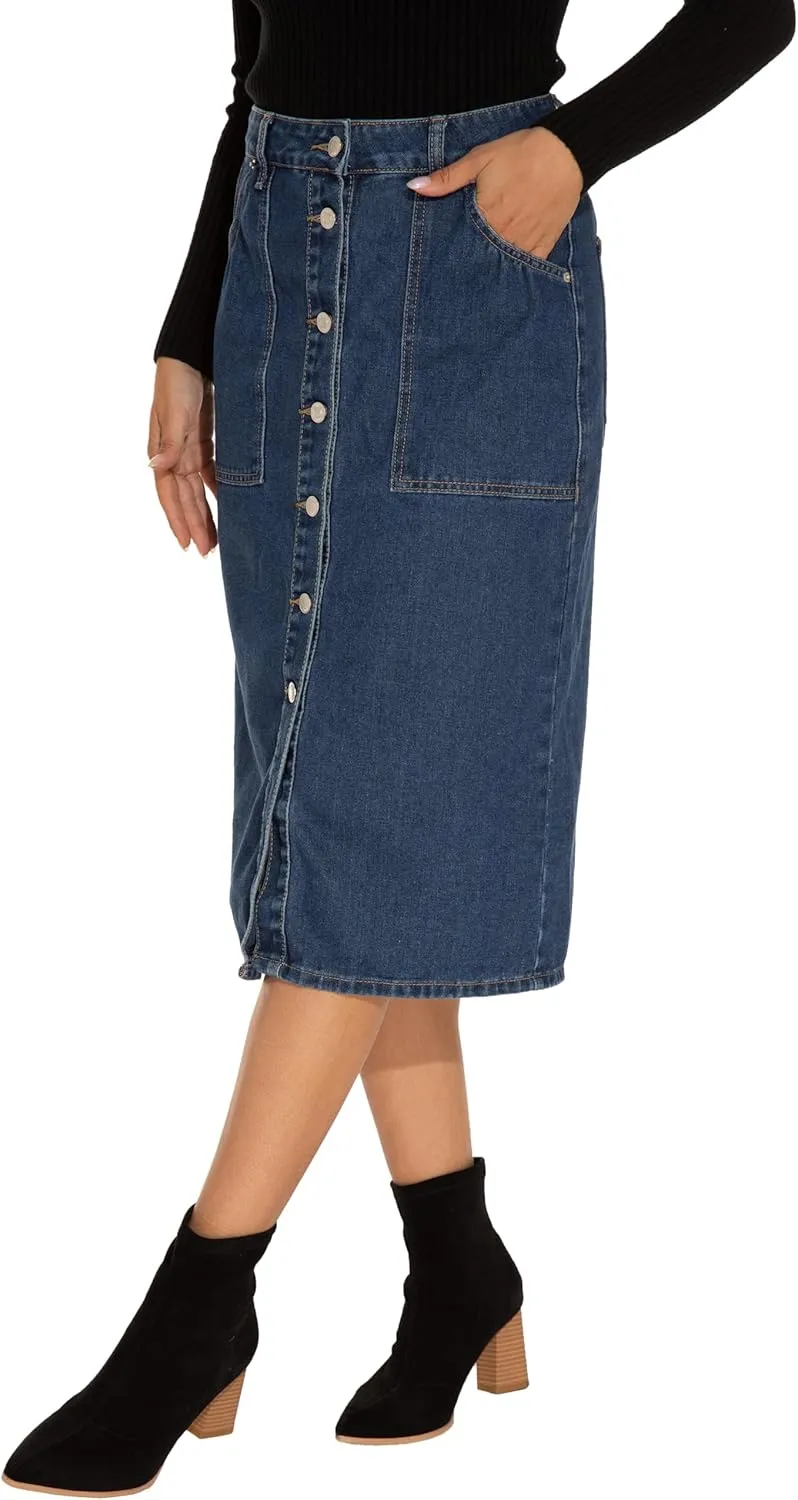 GUANYY Women's Vintage Long Denim A-Line Skirt with High Waist and Button Front