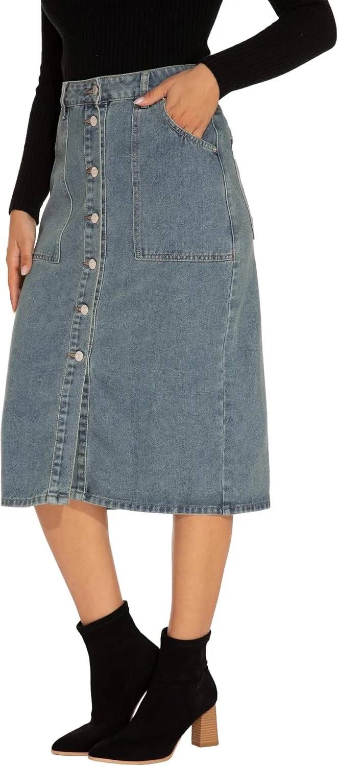 GUANYY Women's Vintage Long Denim A-Line Skirt with High Waist and Button Front