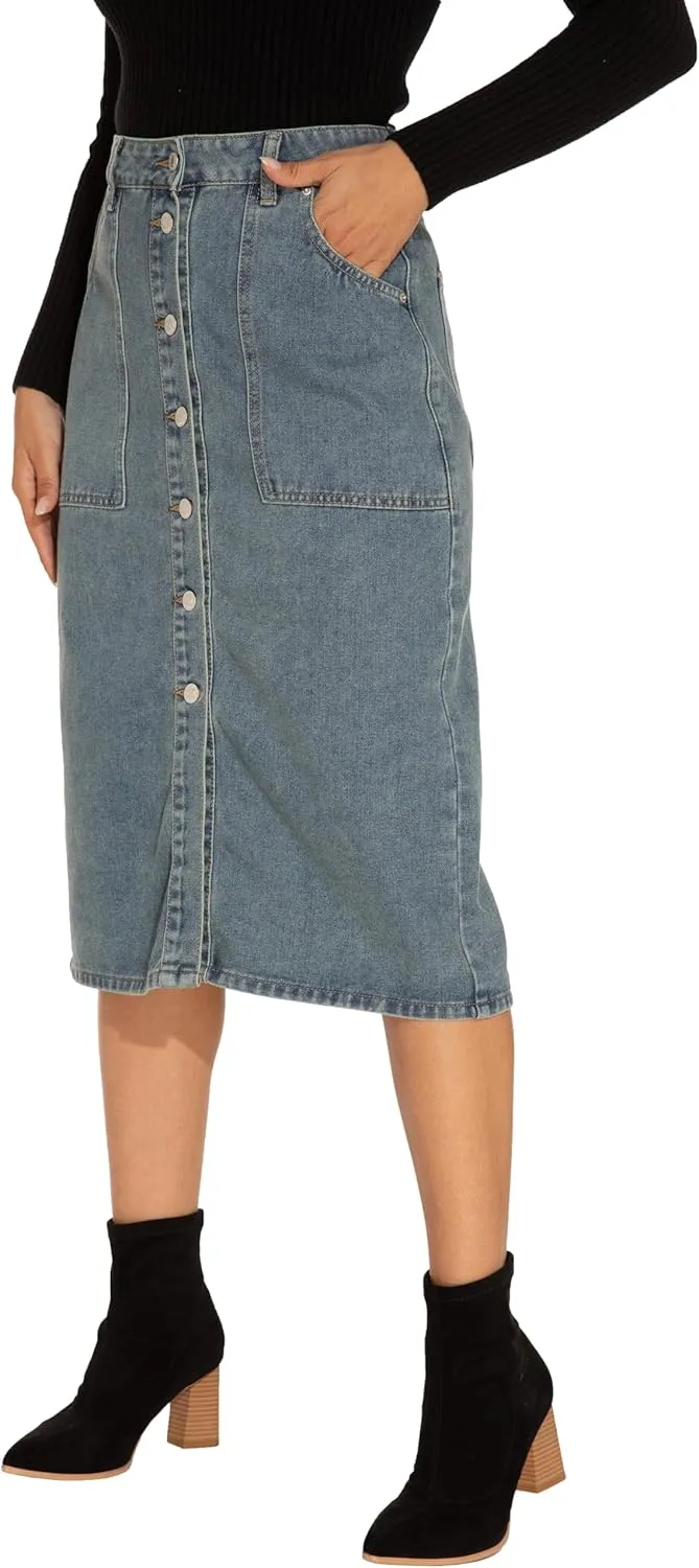 GUANYY Women's Vintage Long Denim A-Line Skirt with High Waist and Button Front