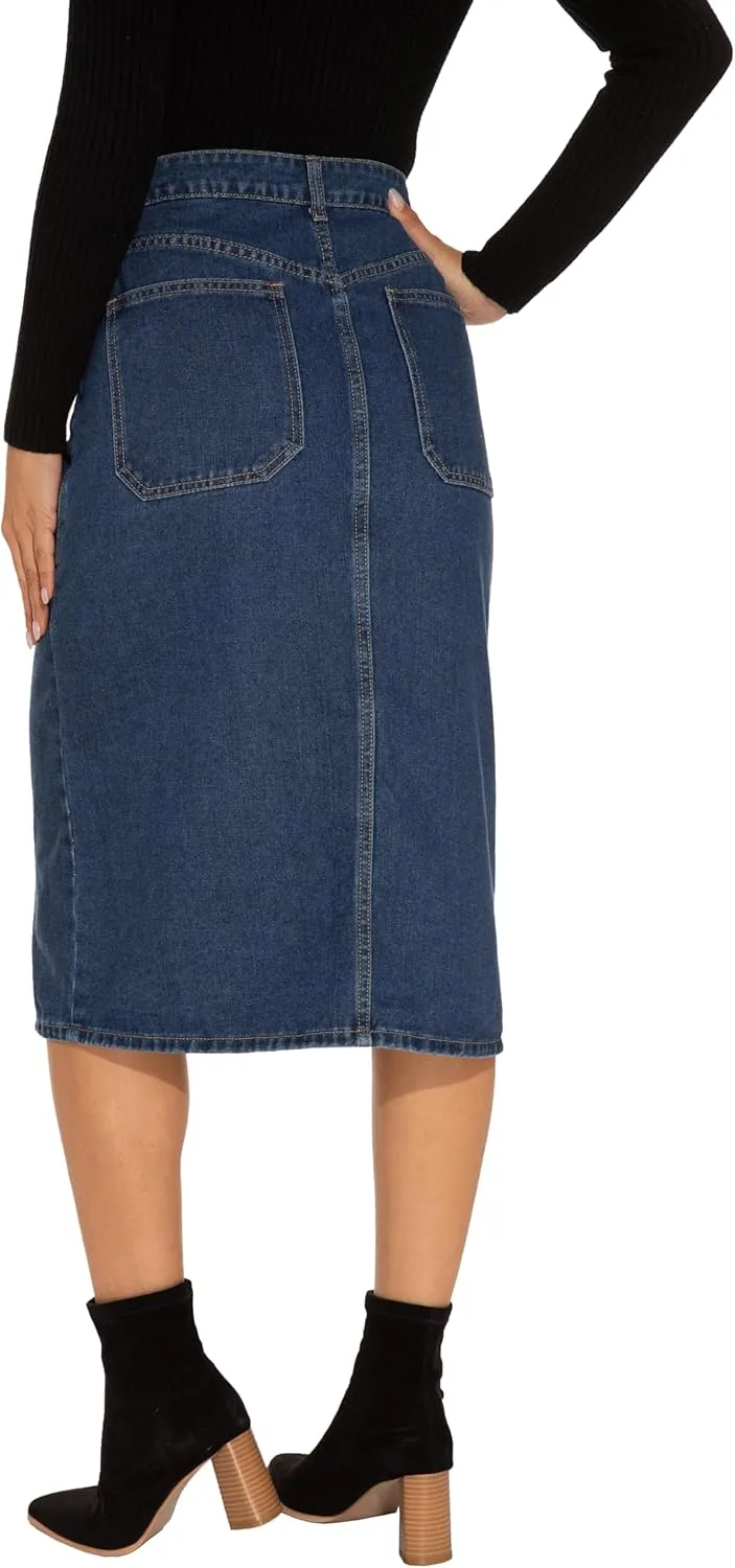 GUANYY Women's Vintage Long Denim A-Line Skirt with High Waist and Button Front