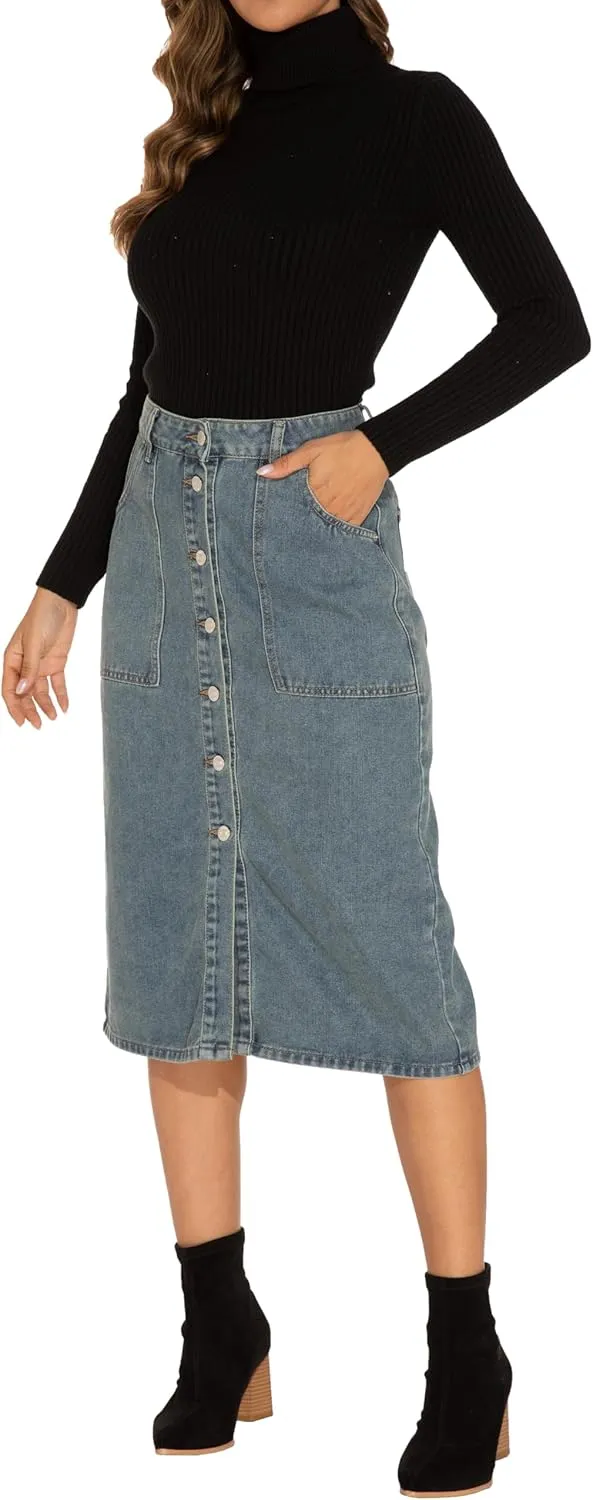 GUANYY Women's Vintage Long Denim A-Line Skirt with High Waist and Button Front
