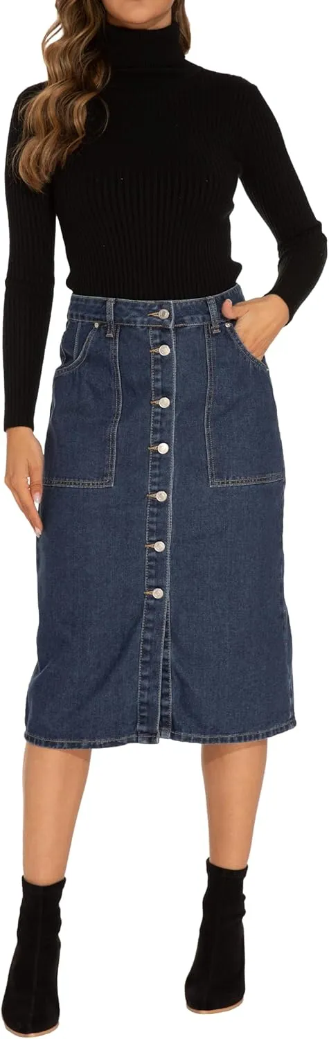 GUANYY Women's Vintage Long Denim A-Line Skirt with High Waist and Button Front