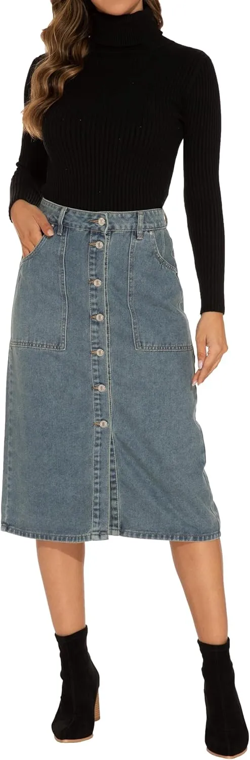 GUANYY Women's Vintage Long Denim A-Line Skirt with High Waist and Button Front