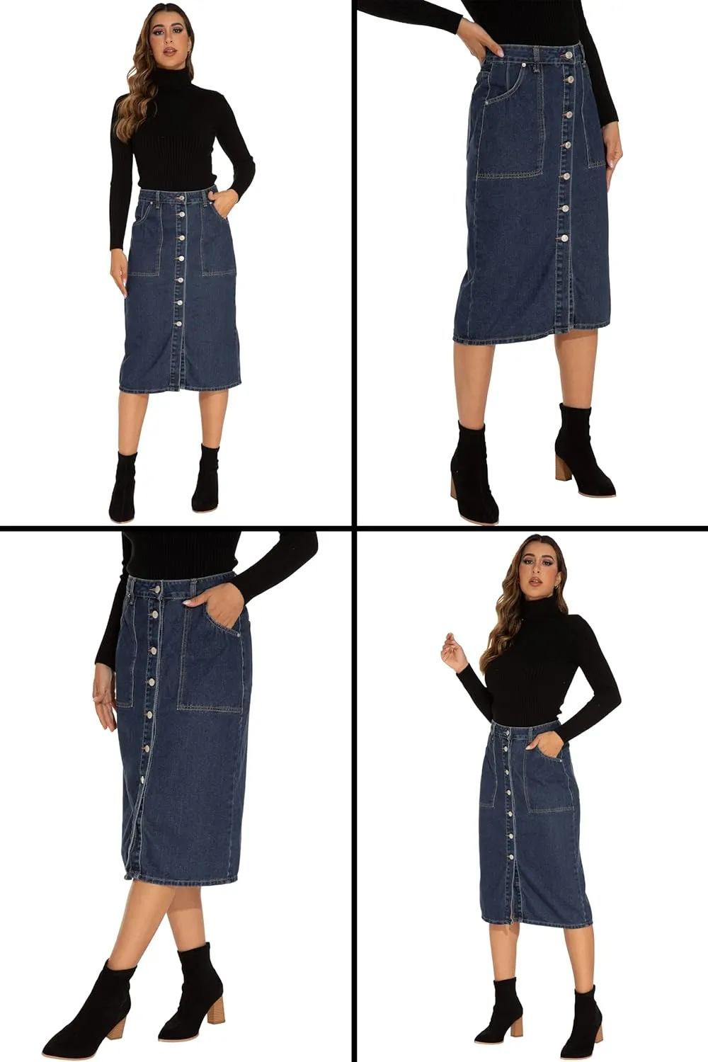 GUANYY Women's Vintage Long Denim A-Line Skirt with High Waist and Button Front