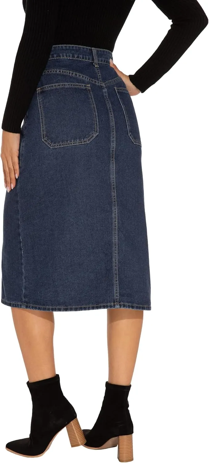 GUANYY Women's Vintage Long Denim A-Line Skirt with High Waist and Button Front