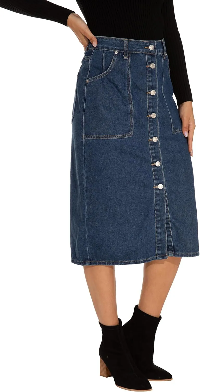 GUANYY Women's Vintage Long Denim A-Line Skirt with High Waist and Button Front