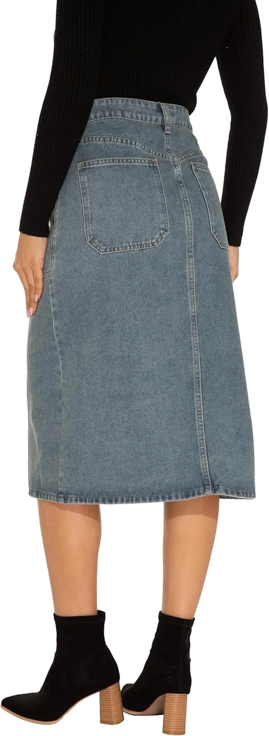 GUANYY Women's Vintage Long Denim A-Line Skirt with High Waist and Button Front