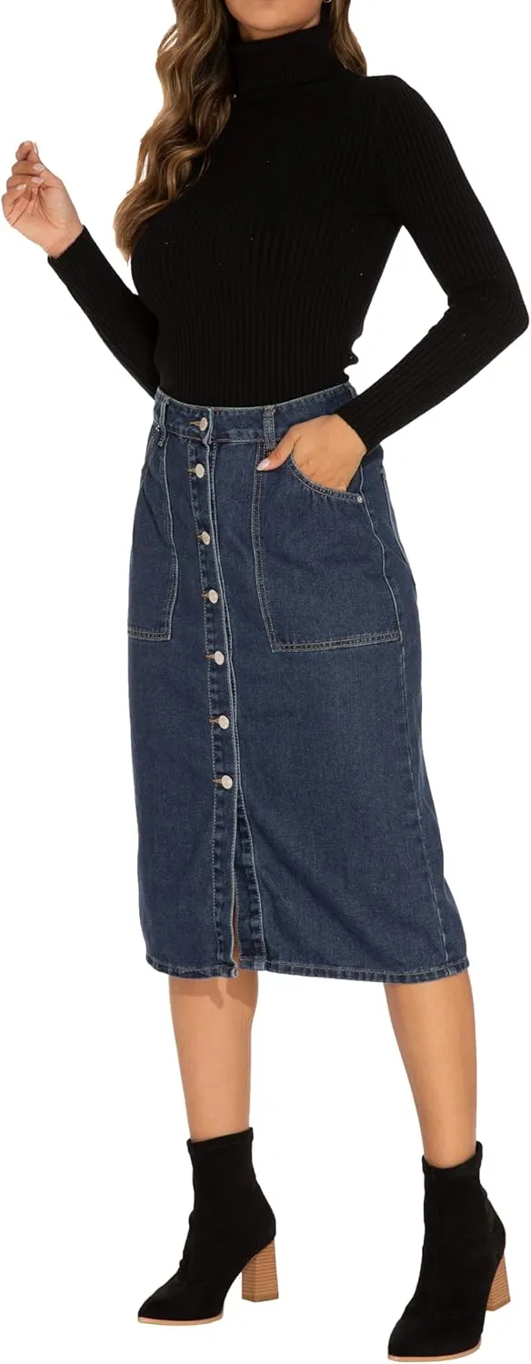 GUANYY Women's Vintage Long Denim A-Line Skirt with High Waist and Button Front
