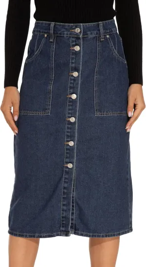 GUANYY Women's Vintage Long Denim A-Line Skirt with High Waist and Button Front