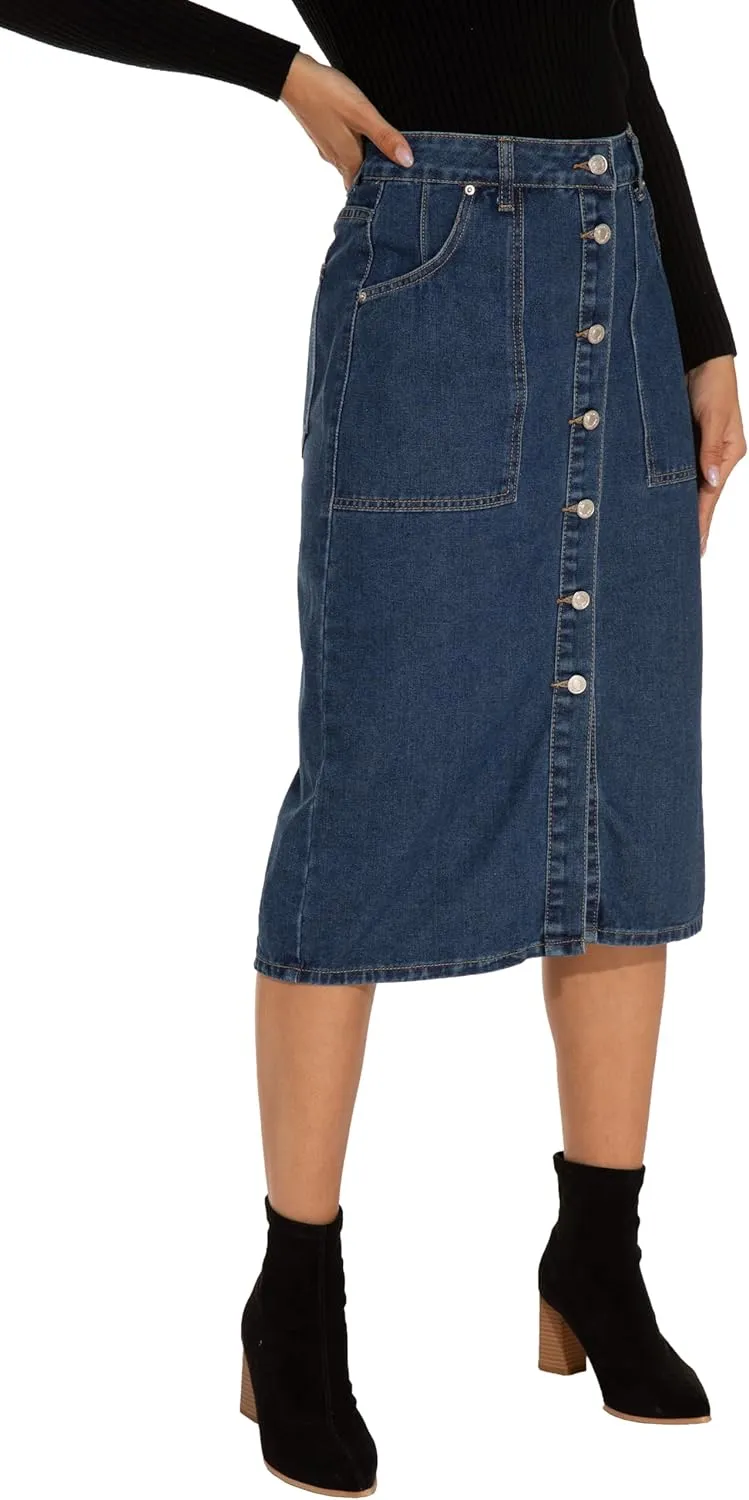 GUANYY Women's Vintage Long Denim A-Line Skirt with High Waist and Button Front