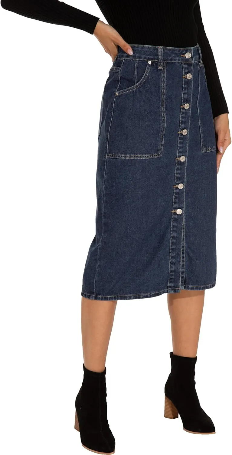 GUANYY Women's Vintage Long Denim A-Line Skirt with High Waist and Button Front