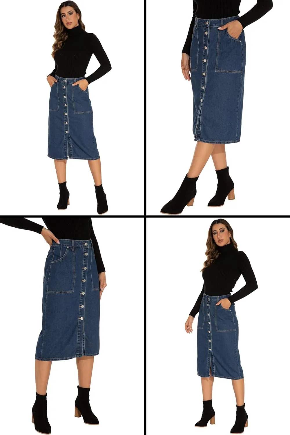 GUANYY Women's Vintage Long Denim A-Line Skirt with High Waist and Button Front