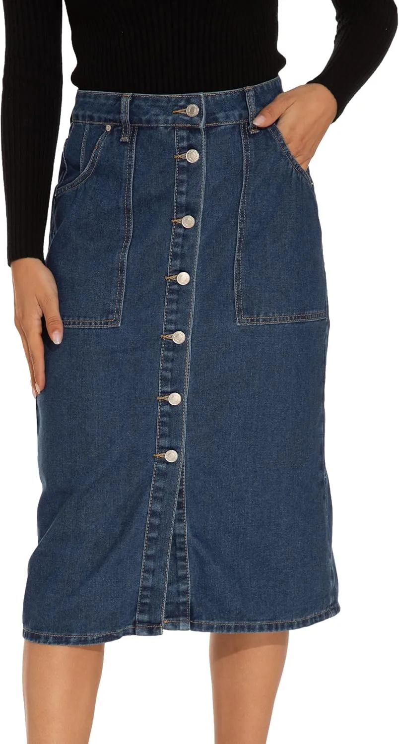 GUANYY Women's Vintage Long Denim A-Line Skirt with High Waist and Button Front