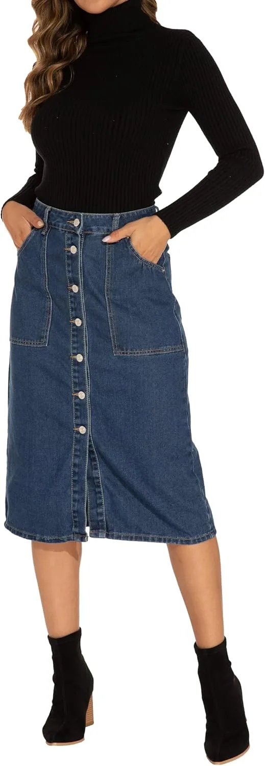 GUANYY Women's Vintage Long Denim A-Line Skirt with High Waist and Button Front