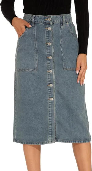 GUANYY Women's Vintage Long Denim A-Line Skirt with High Waist and Button Front