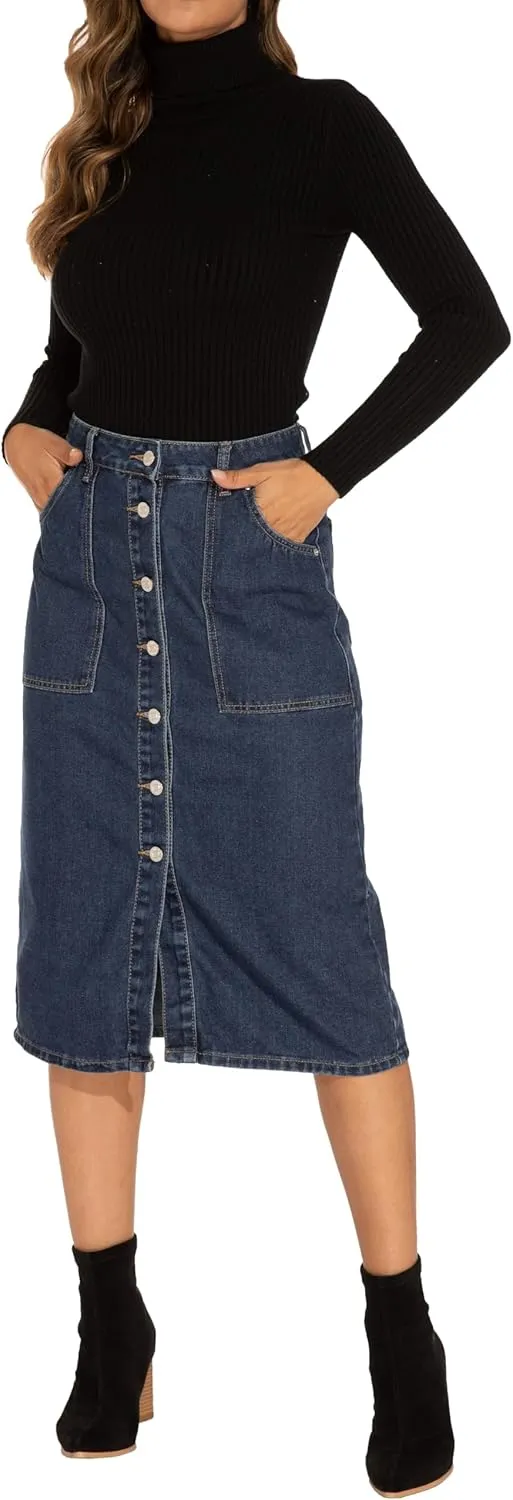 GUANYY Women's Vintage Long Denim A-Line Skirt with High Waist and Button Front