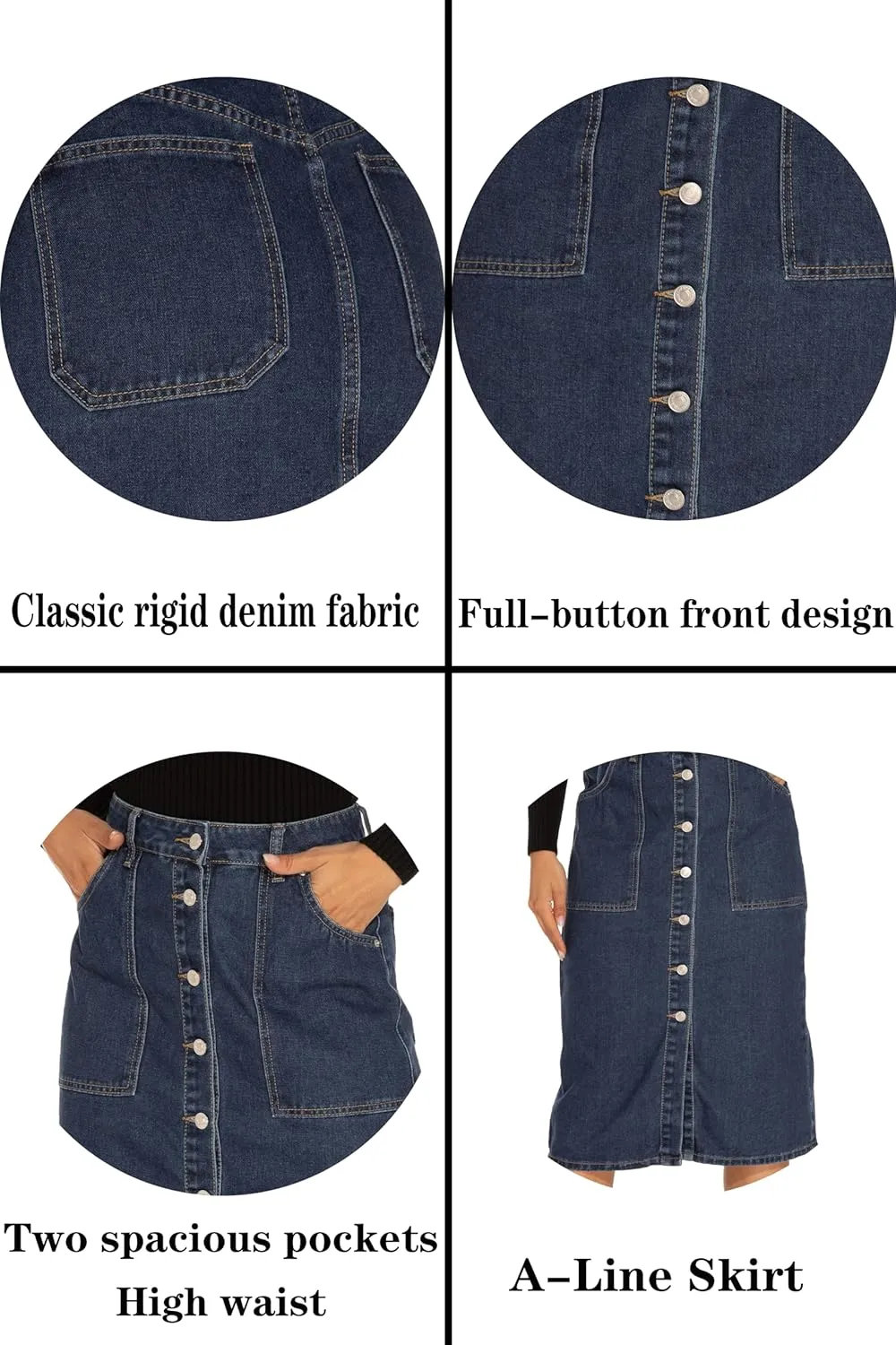 GUANYY Women's Vintage Long Denim A-Line Skirt with High Waist and Button Front