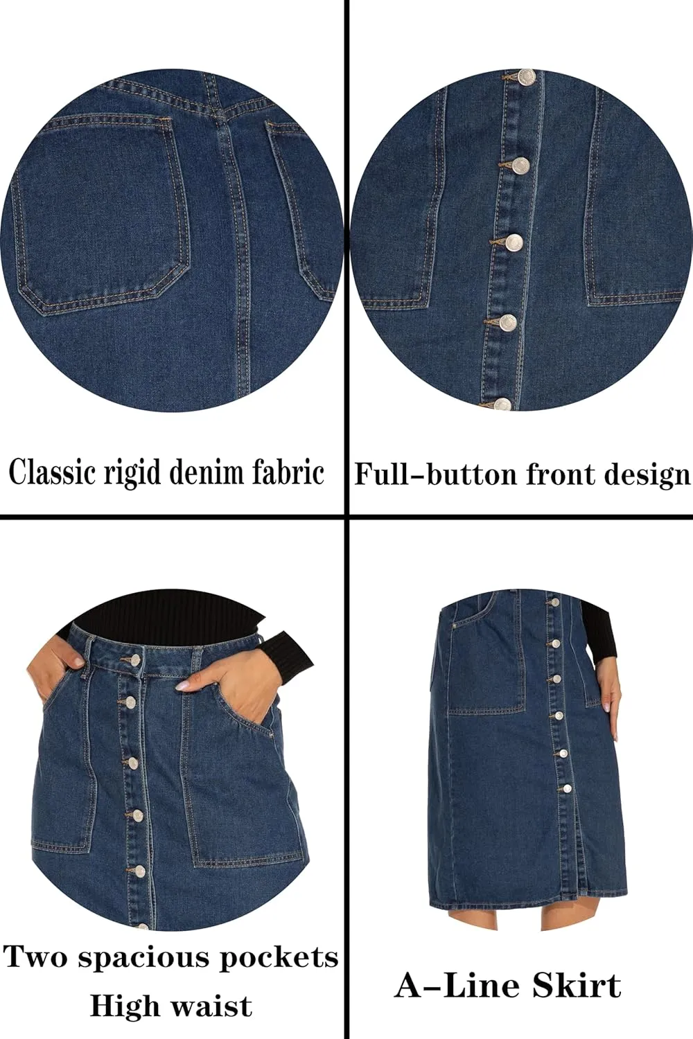 GUANYY Women's Vintage Long Denim A-Line Skirt with High Waist and Button Front