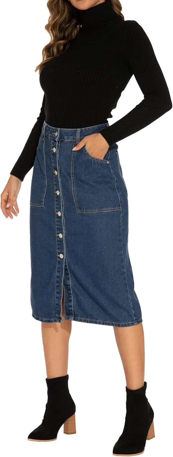 GUANYY Women's Vintage Long Denim A-Line Skirt with High Waist and Button Front
