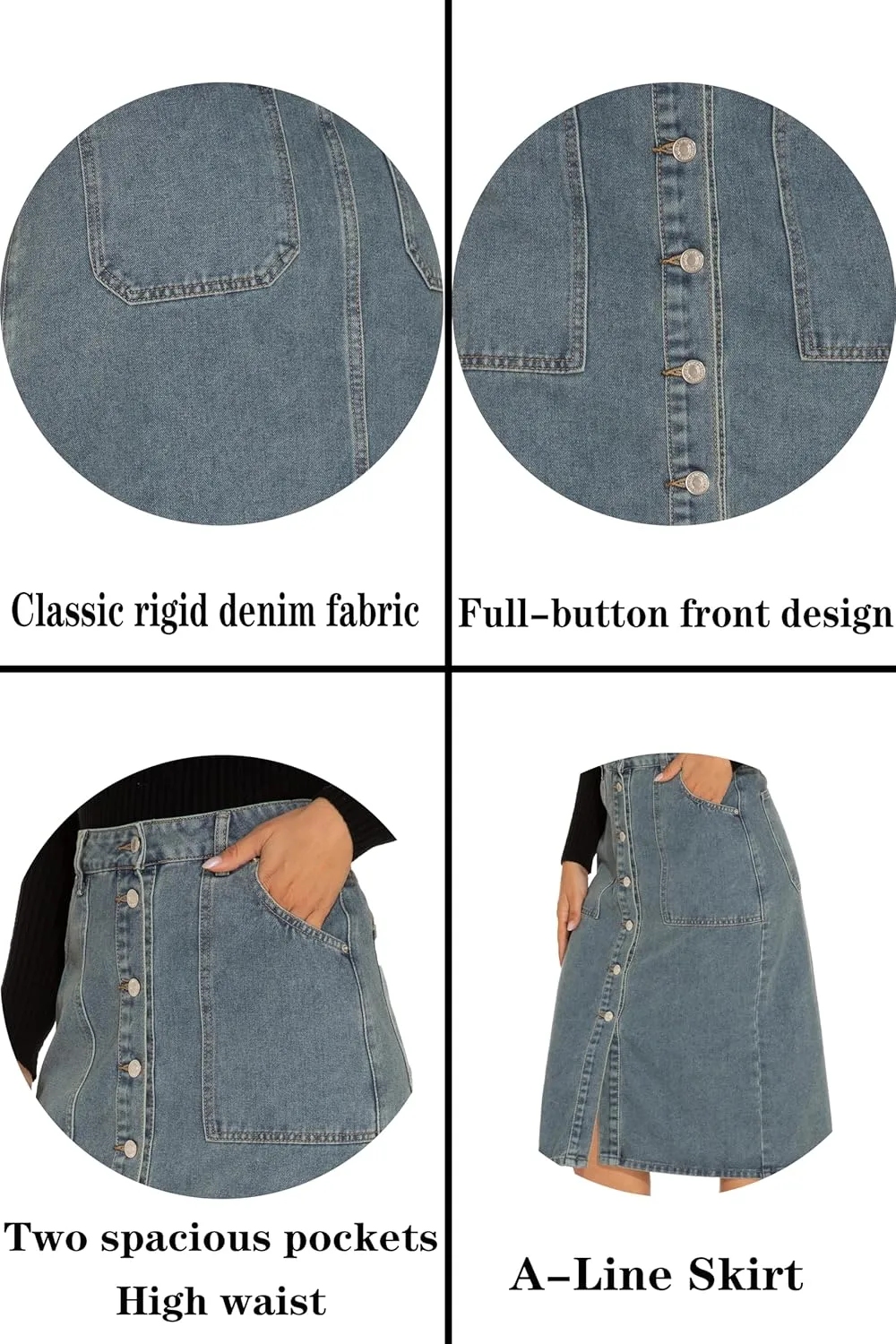 GUANYY Women's Vintage Long Denim A-Line Skirt with High Waist and Button Front