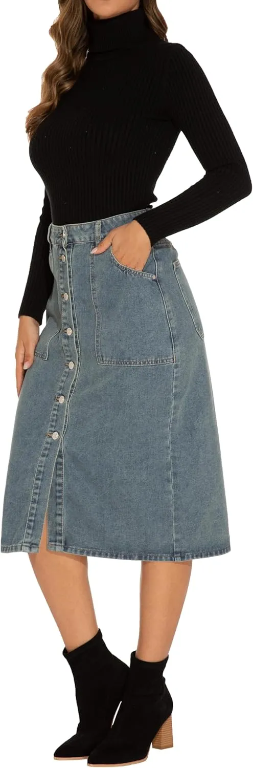 GUANYY Women's Vintage Long Denim A-Line Skirt with High Waist and Button Front