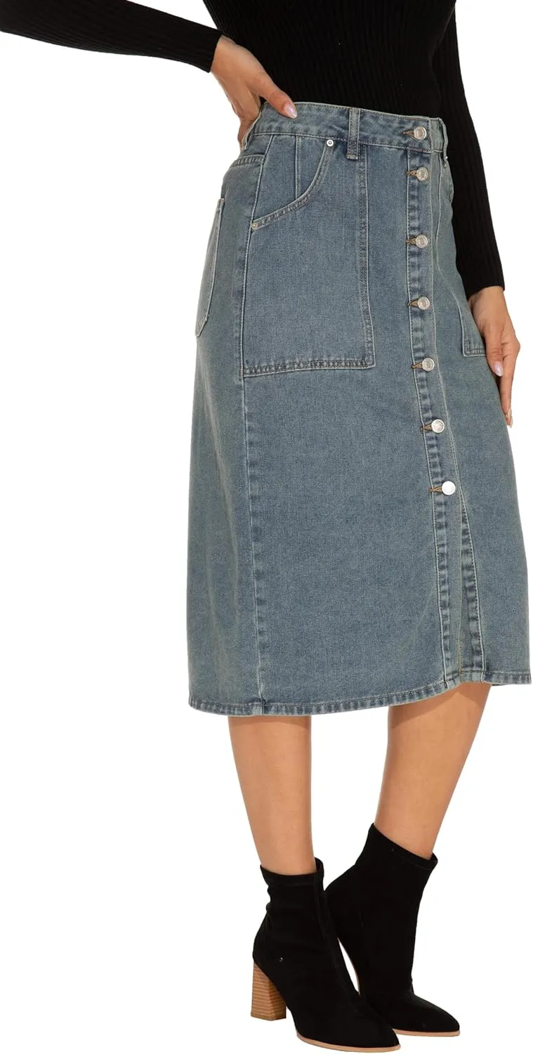GUANYY Women's Vintage Long Denim A-Line Skirt with High Waist and Button Front