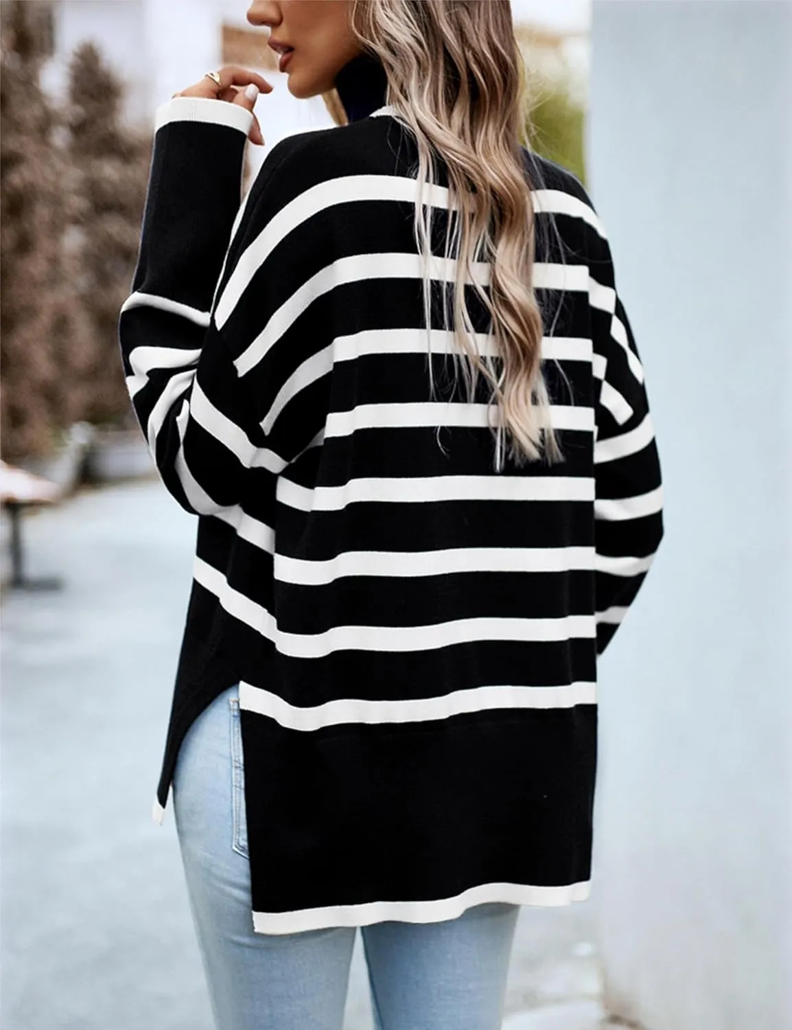 HangNiFang Women Striped Sweater Turtleneck Oversized Baggy Long Sleeve Knitted Pullover Sweater Tops
