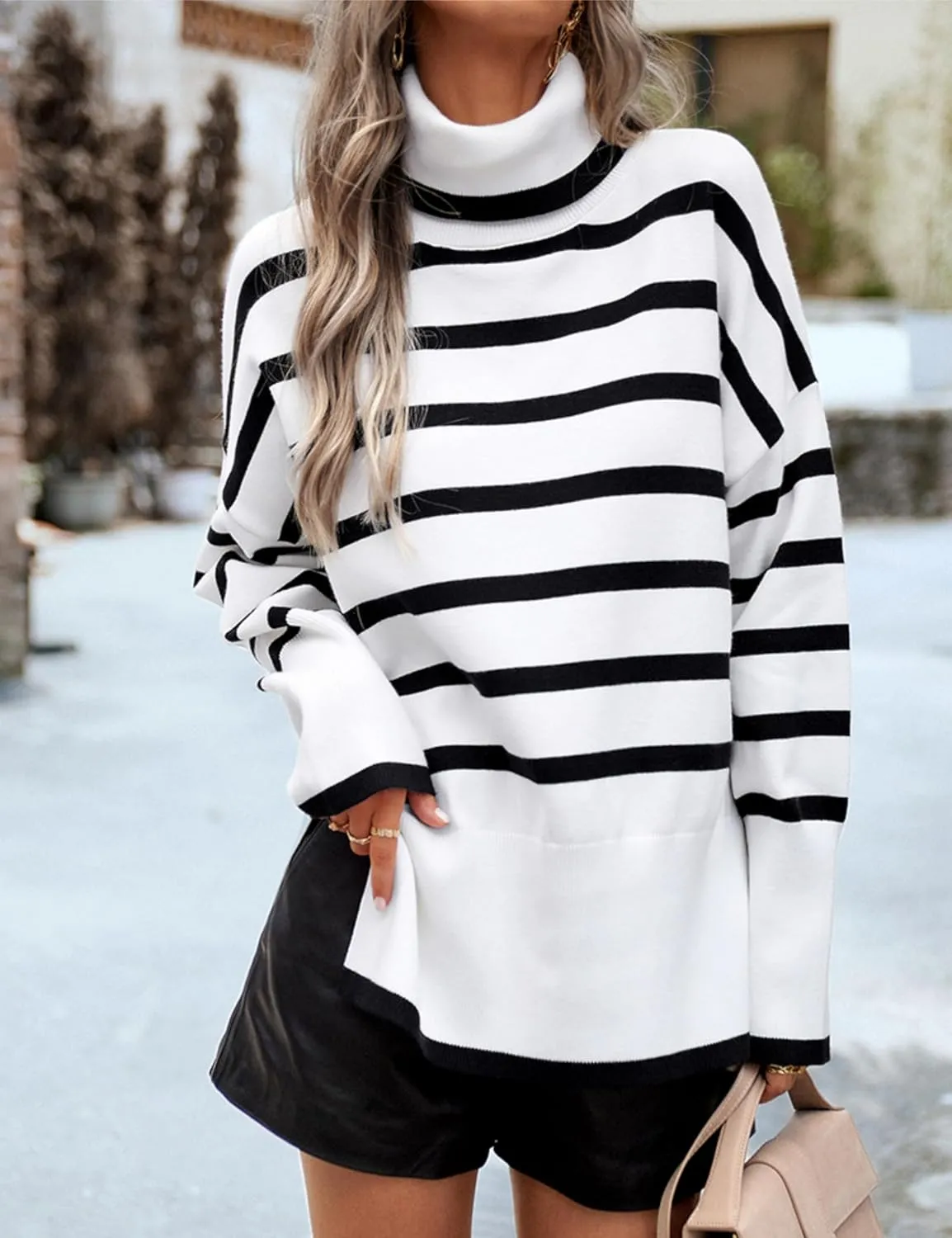 HangNiFang Women Striped Sweater Turtleneck Oversized Baggy Long Sleeve Knitted Pullover Sweater Tops