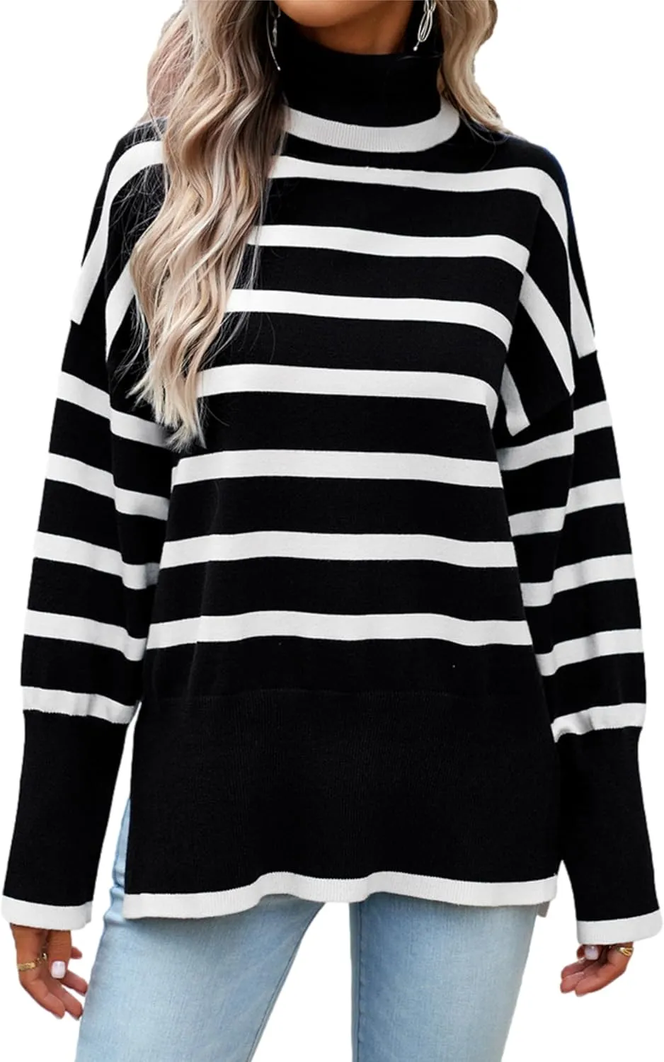 HangNiFang Women Striped Sweater Turtleneck Oversized Baggy Long Sleeve Knitted Pullover Sweater Tops