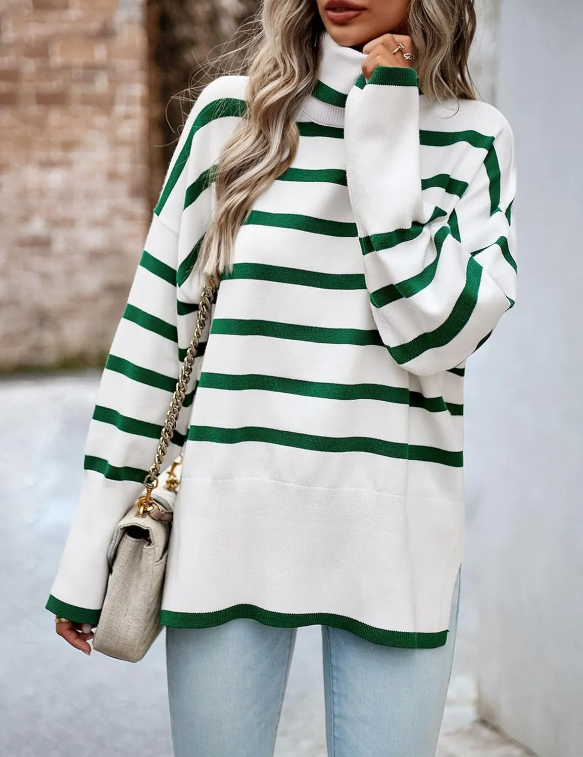 HangNiFang Women Striped Sweater Turtleneck Oversized Baggy Long Sleeve Knitted Pullover Sweater Tops