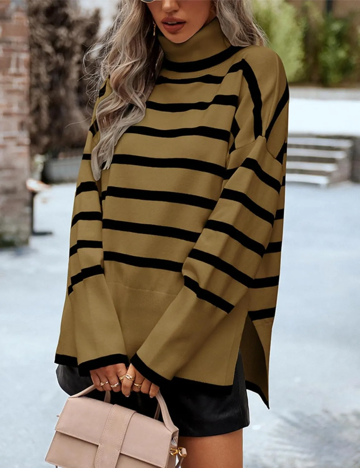 HangNiFang Women Striped Sweater Turtleneck Oversized Baggy Long Sleeve Knitted Pullover Sweater Tops